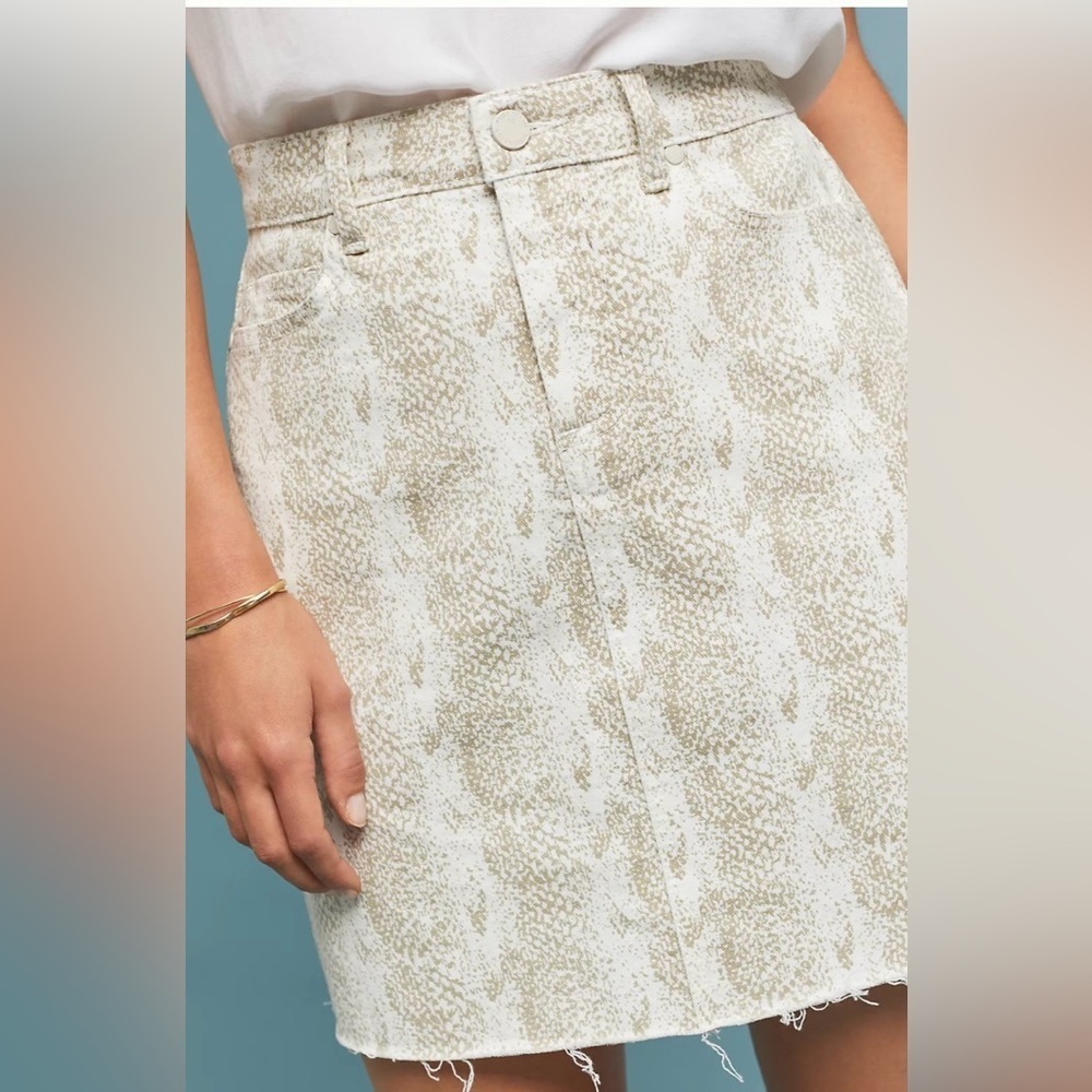 Paige Anthropologie Aideen Denim Mini Skirt, White animal print, snake print•30 - Picture 2 of 15